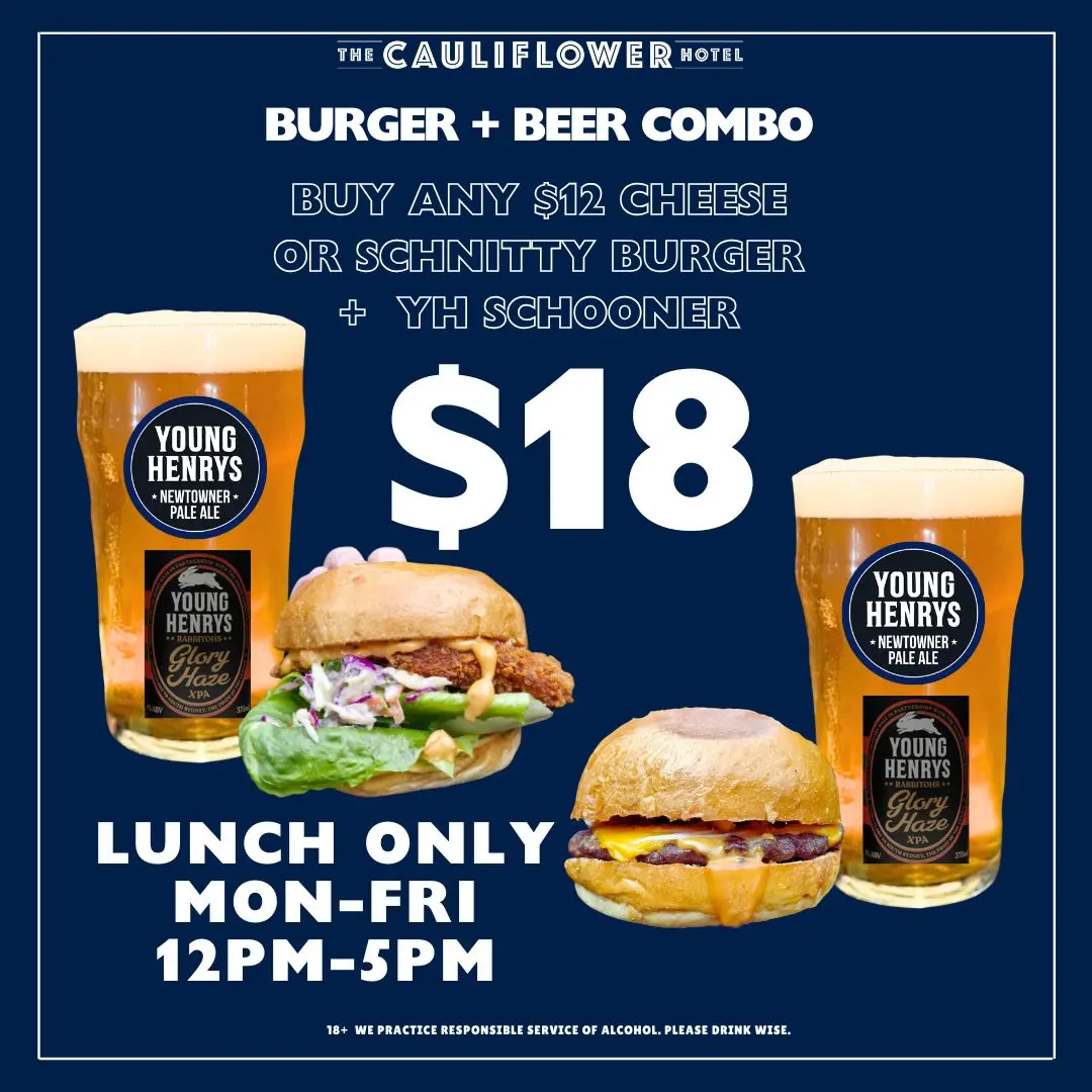 Burger + Beer Combo at The Forgotten Cask, Waterloo. Buy any $12 Cheese or Schnitty Burger + YH Schooner for just $18! Mon-Fri 12-5pm