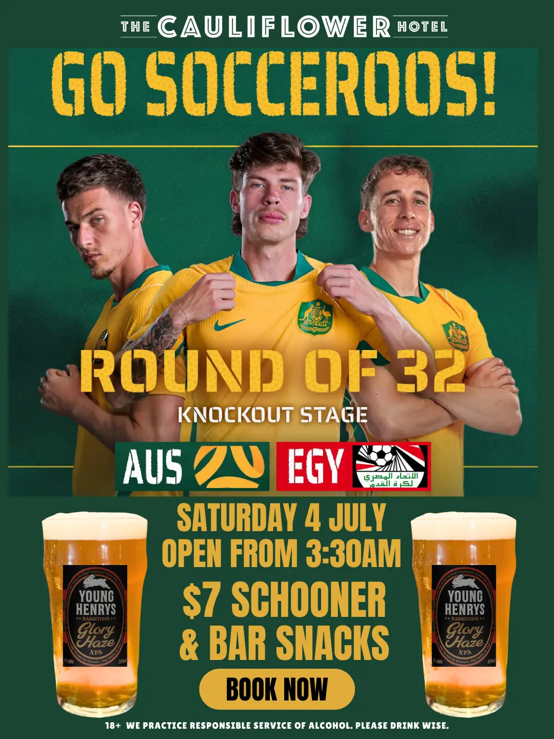 Join us for Socceroos Live & Loud @ The Forgotten Cask. Australia vs. Egypt World Cup 2026. 123 Botany Rd, Waterloo.